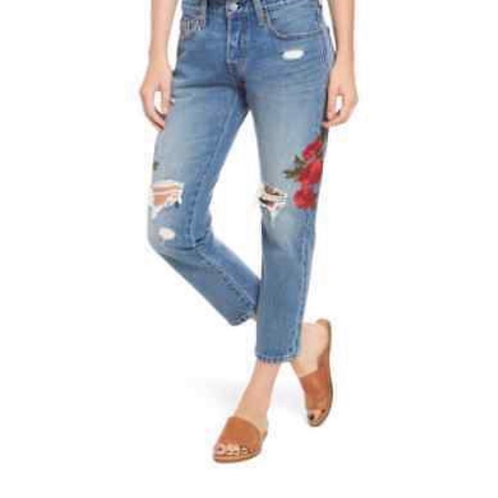 NWT Levi's 501 Taper Custom Blues Rose Embroidered Destroyed Boyfriend Jeans